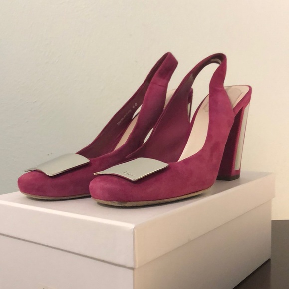 Dior Shoes - Dior Pink Suede Silver Buckle Slingback Heels